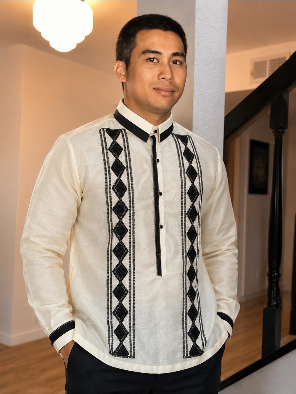 Traditional Embroidered Cream Men's Barong Tagalog Shirt with Black Trim